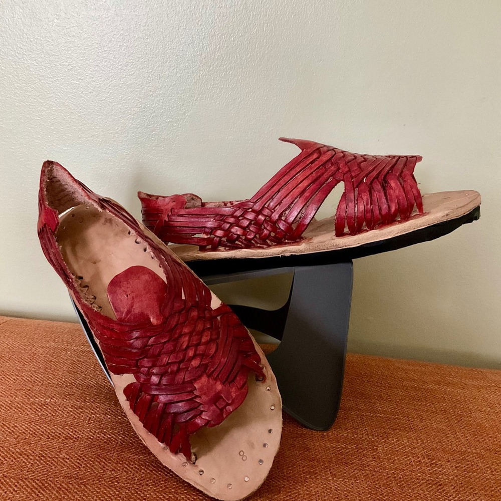 Mens Red Woven Leather Huarache Sandals Mexican Slip On Shoes Sz 10 Indie Rustic